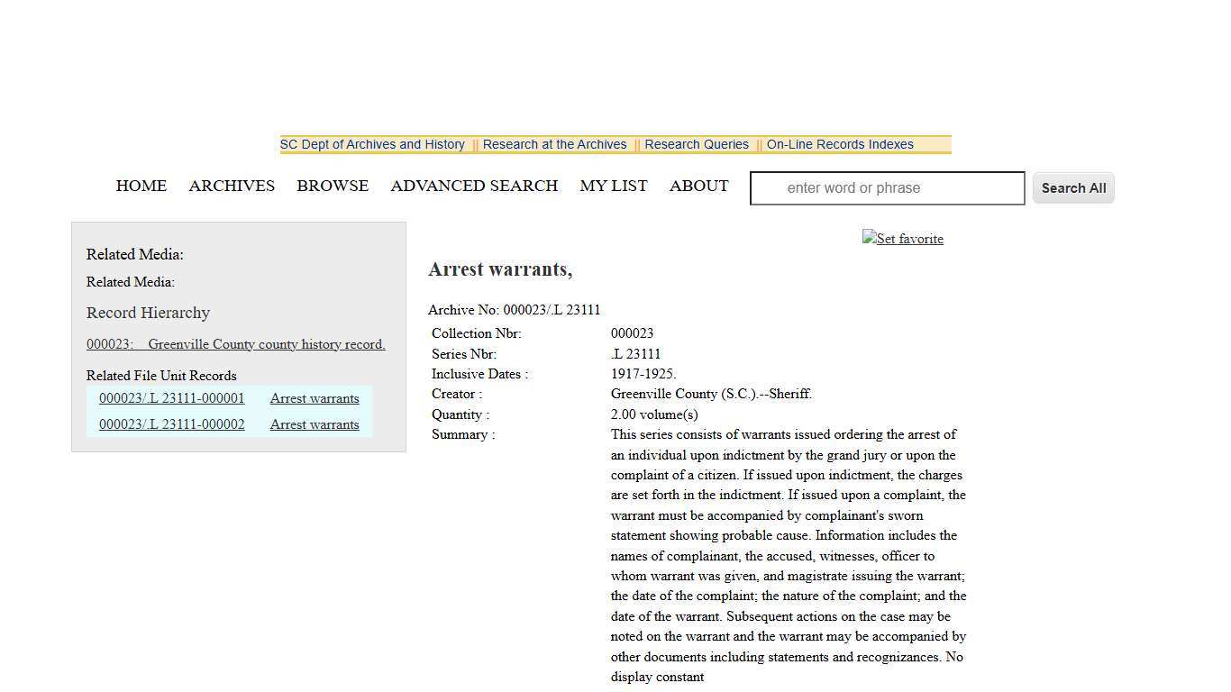 Arrest warrants, | SC Department of Archives and History